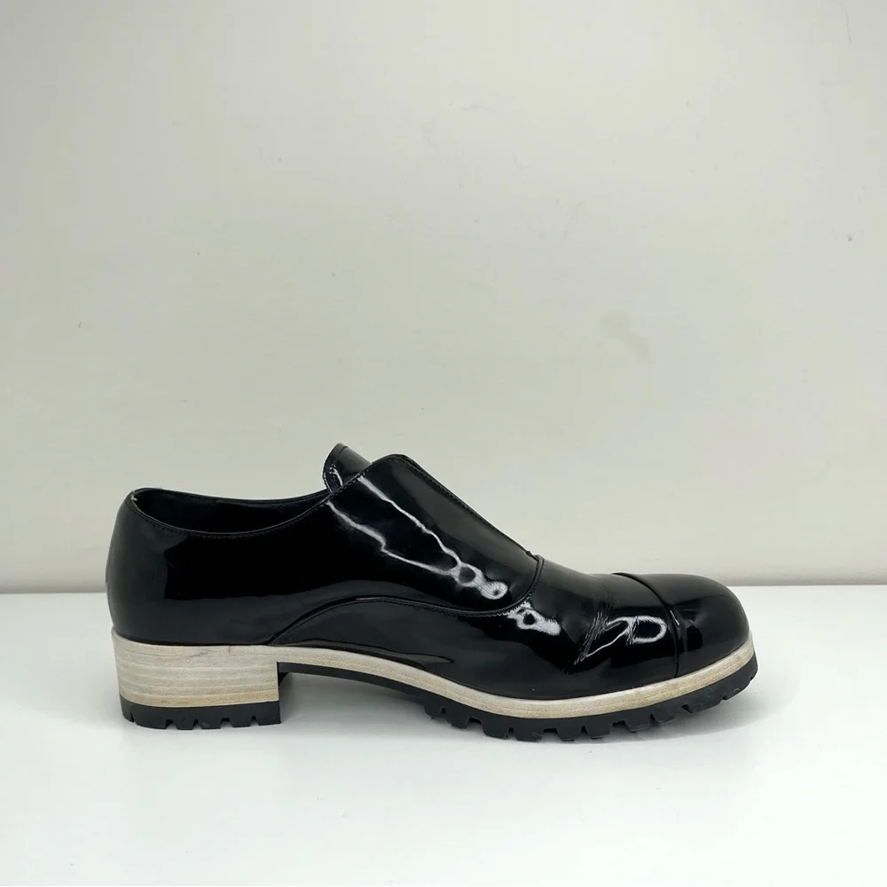 Miu Miu Black Patent Leather Derby Loafers Size 37.5 quiet luxury modern preppy